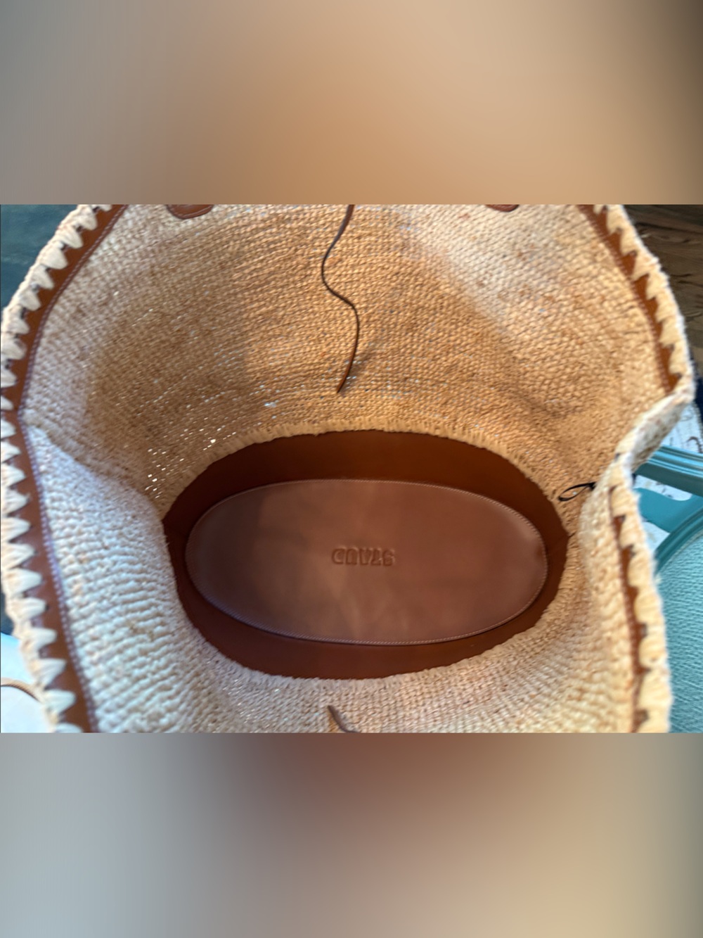 STAUD Beige Woven Tote with Brown Leather Base and Handles - Picture 4 of 4